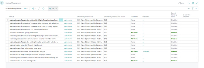 Screenshot - Business Central Feature Management
